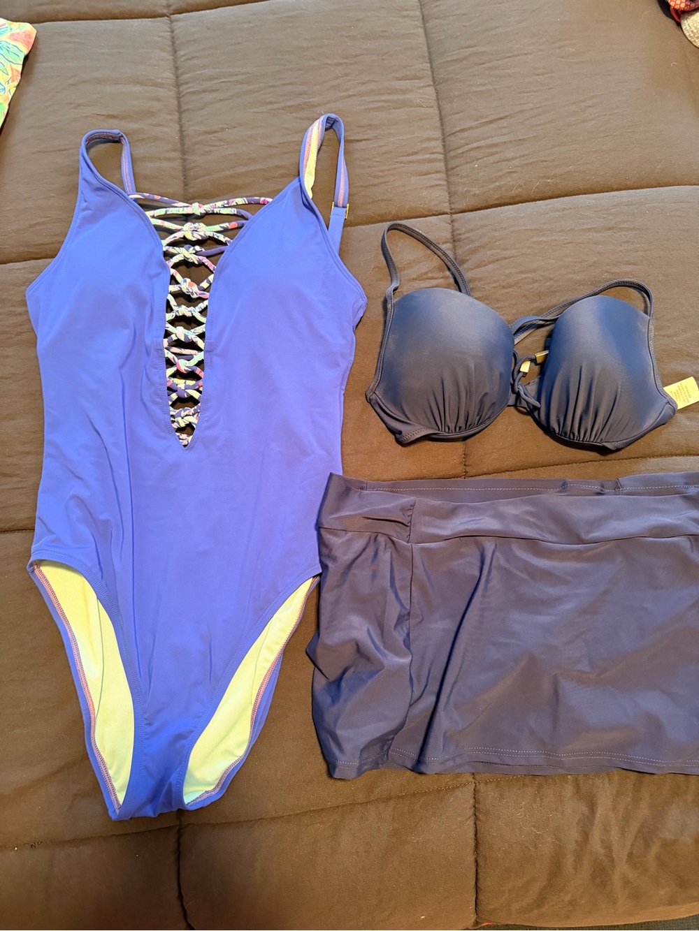 Women’s Purple One-Piece Swimsuit with Lace-Up Front and navy bikini top w/skirt